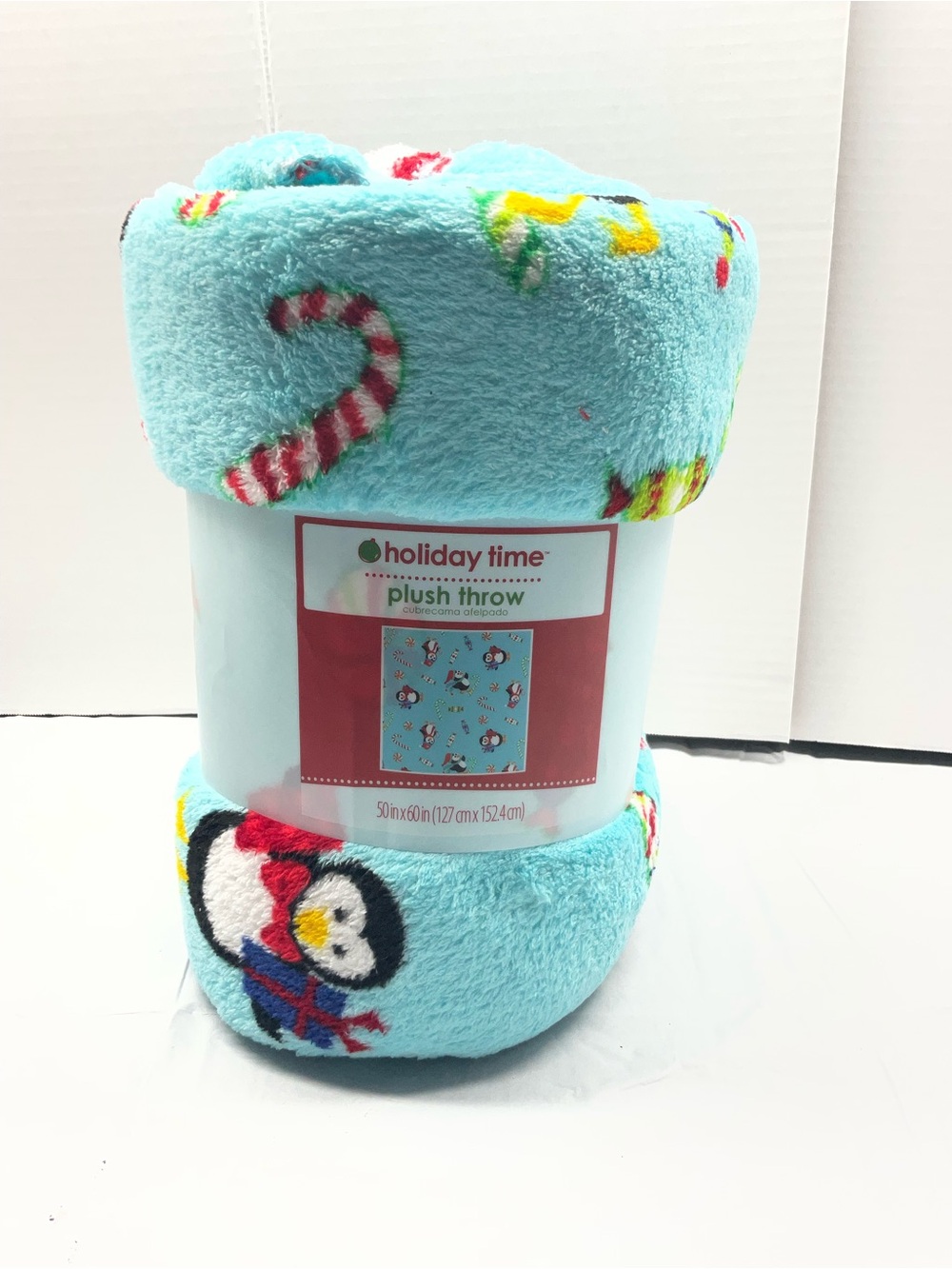 Holiday Time Aqua Plush Throw with Penguin & Candy Cane Motifs